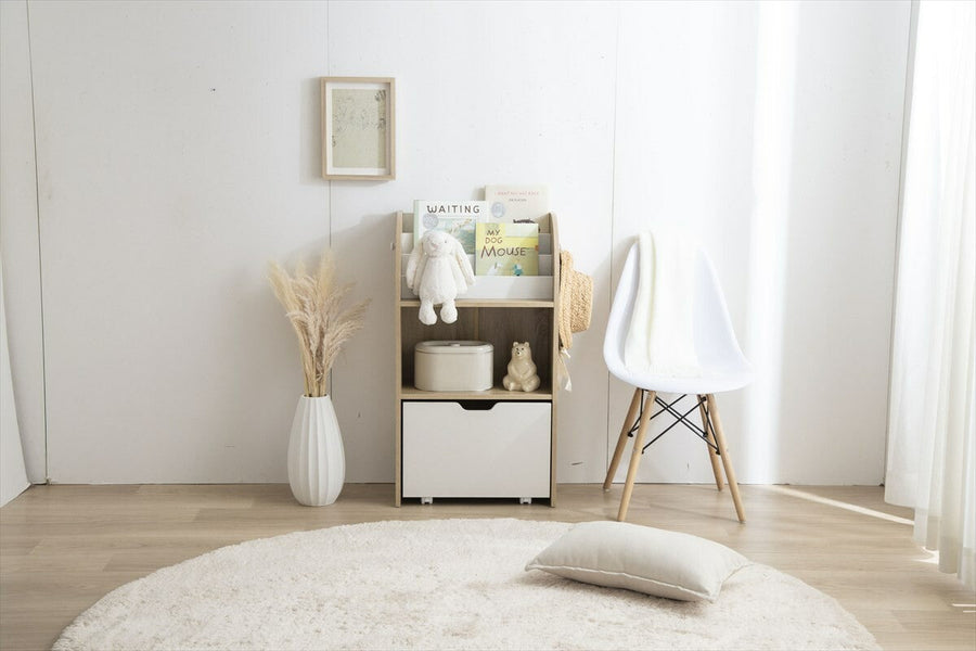 Scandinavian modern slim picture book shelf with toy storage