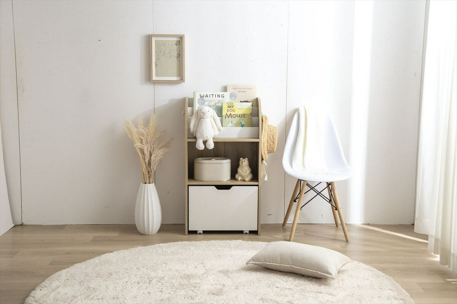 Scandinavian modern slim picture book shelf with toy storage