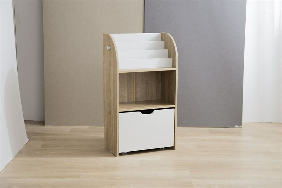 Scandinavian modern slim picture book shelf with toy storage