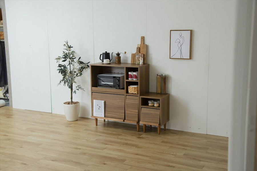 Scandinavian wooden range stand with flap door and two outlets