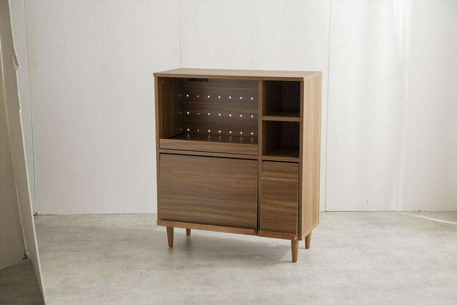 Scandinavian wooden range stand with flap door and two outlets