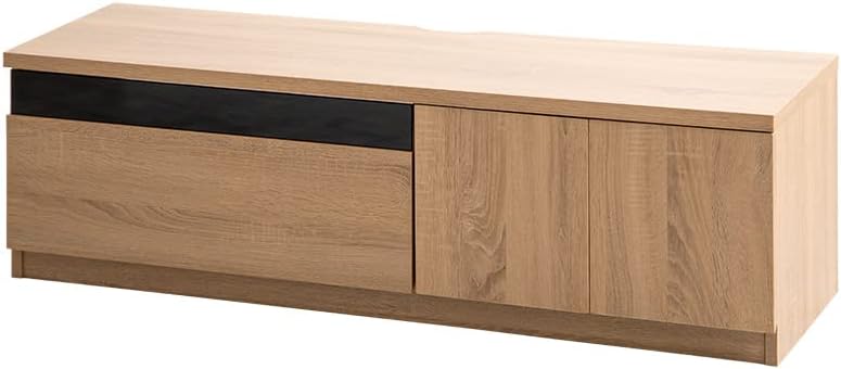 Modern wood grain TV stand with black glass panel
