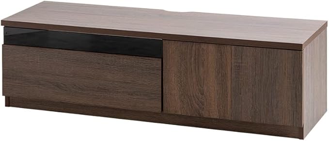 Modern wood grain TV stand with black glass panel