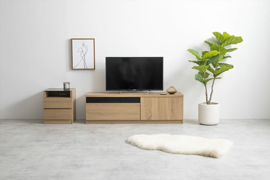Modern wood grain TV stand with black glass panel