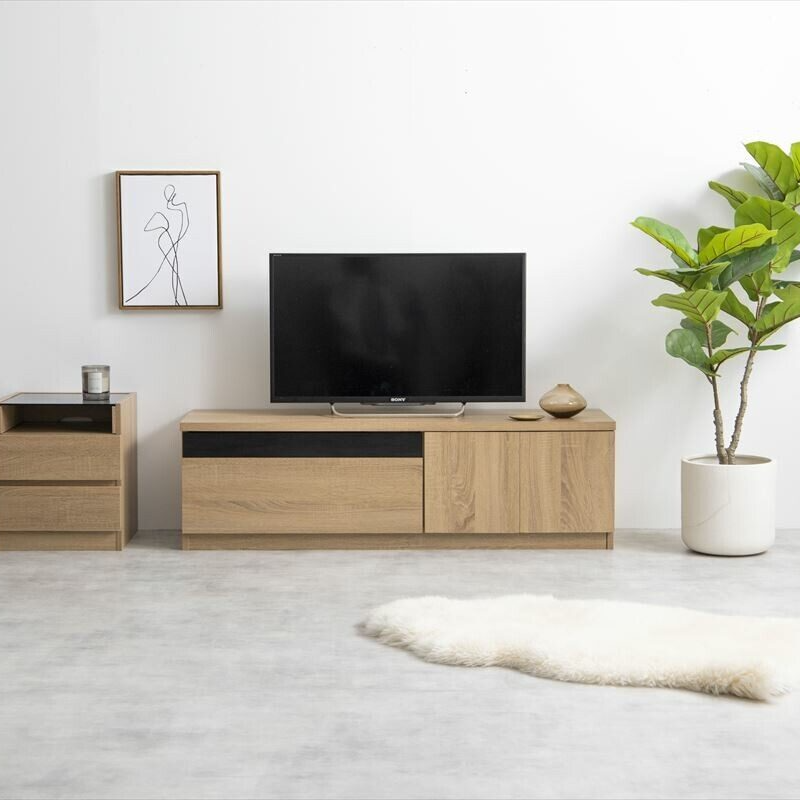Modern wood grain TV stand with black glass panel