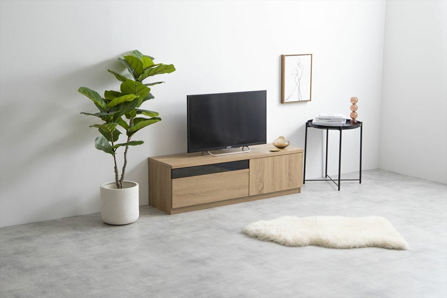 Modern wood grain TV stand with black glass panel