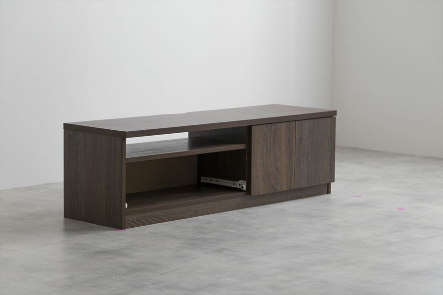 Modern wood grain TV stand with black glass panel