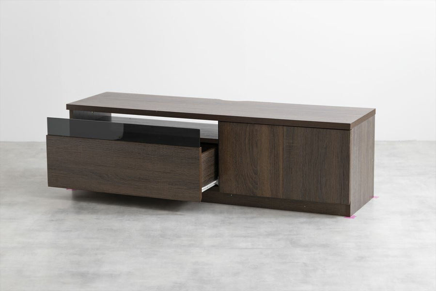 Modern wood grain TV stand with black glass panel