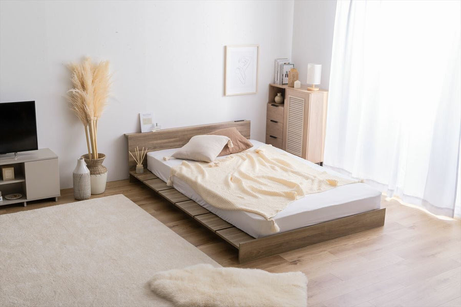 Scandinavian headboard, wide slatted semi-double low bed with bonnell mattress