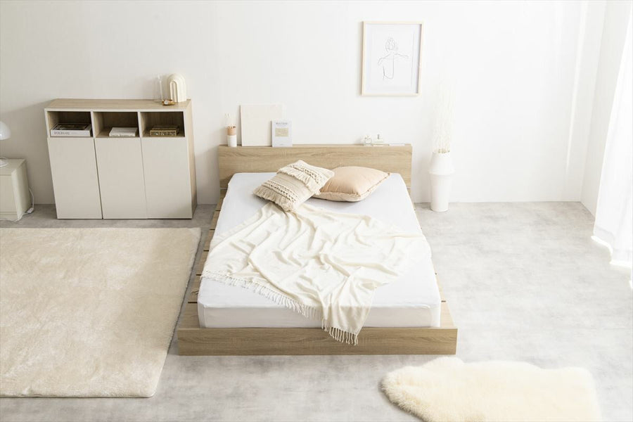 Scandinavian headboard, wide slatted semi-double low bed with bonnell mattress