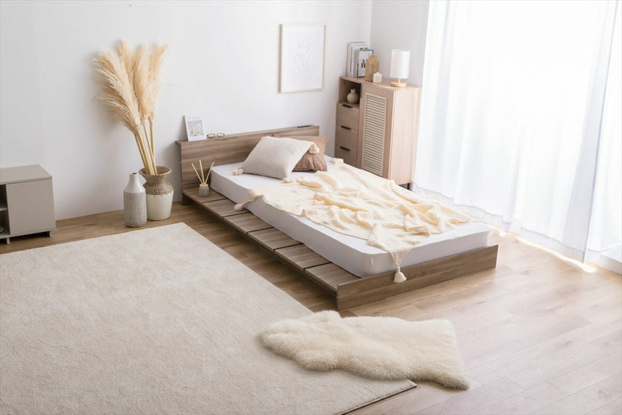 Scandinavian headboard, wide slatted single low bed with bonnell mattress
