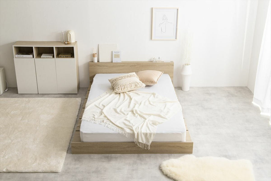 Scandinavian headboard, wide slatted single low bed with bonnell mattress