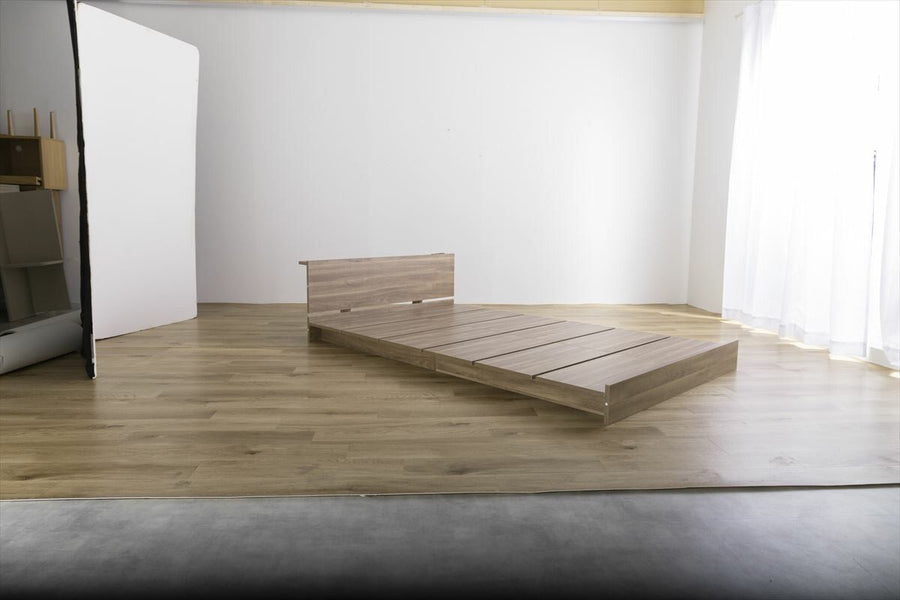 Scandinavian headboard, wide slatted single low bed with bonnell mattress