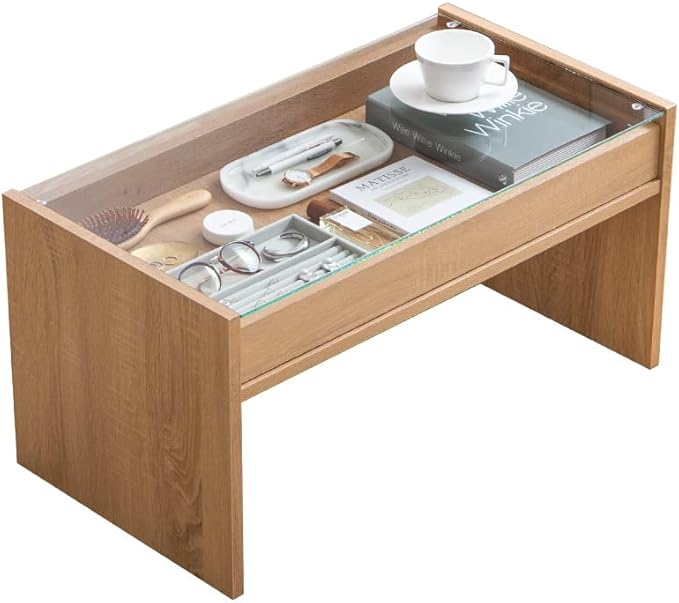 Modern wooden center table with glass top and drawer tray