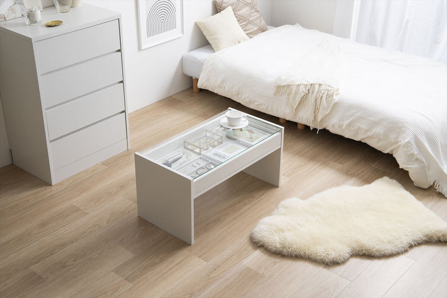 Modern wooden center table with glass top and drawer tray