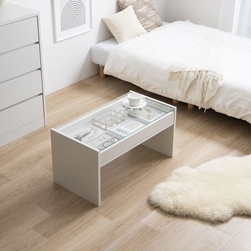 Modern wooden center table with glass top and drawer tray