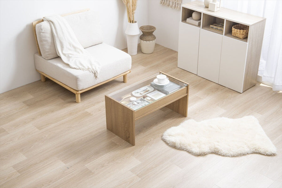 Modern wooden center table with glass top and drawer tray