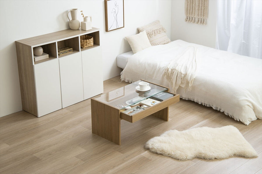 Modern wooden center table with glass top and drawer tray