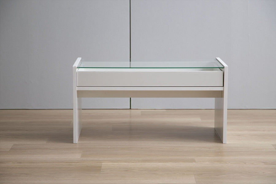 Modern wooden center table with glass top and drawer tray