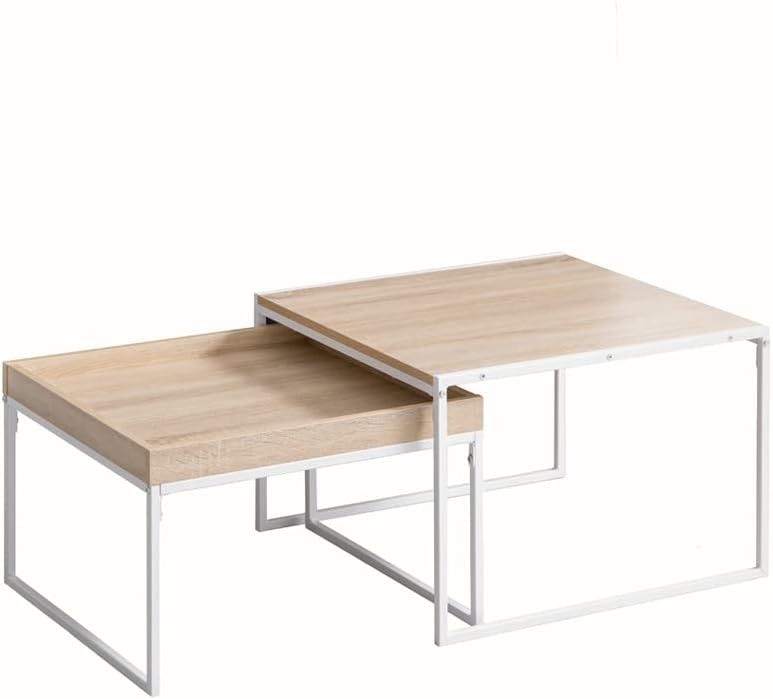 Simple modern wooden top steel legs nesting table set of 2