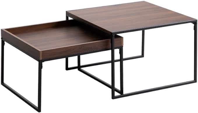 Simple modern wooden top steel legs nesting table set of 2