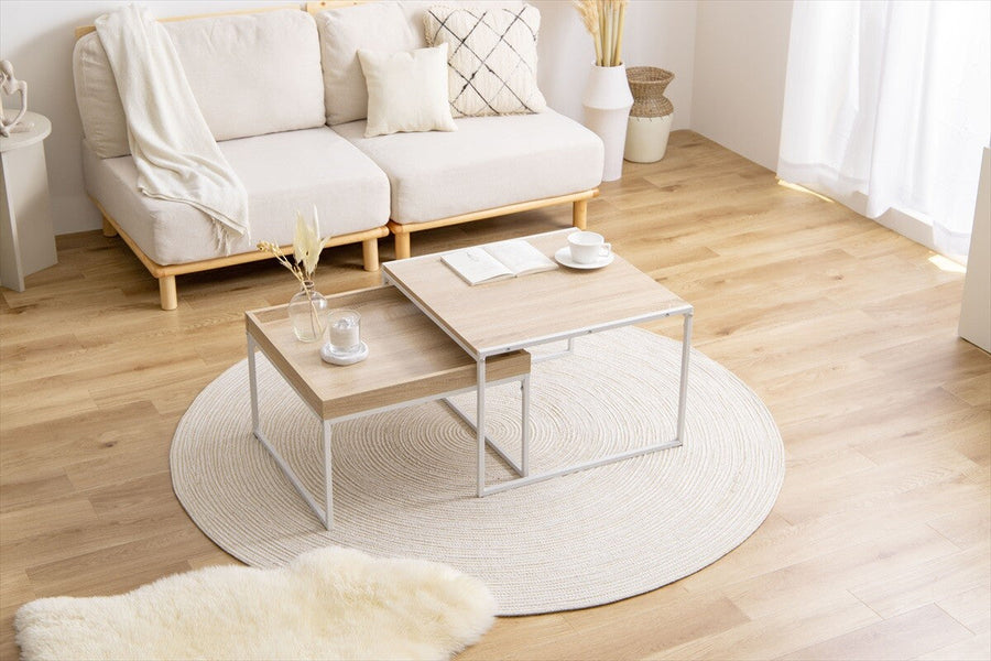 Simple modern wooden top steel legs nesting table set of 2
