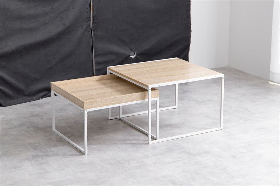 Simple modern wooden top steel legs nesting table set of 2