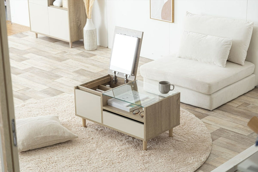 Scandinavian natural wood bicolor dresser table with display storage