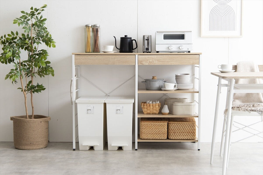 Simple and modern wooden top, steel frame, 120cm wide, trash can rack