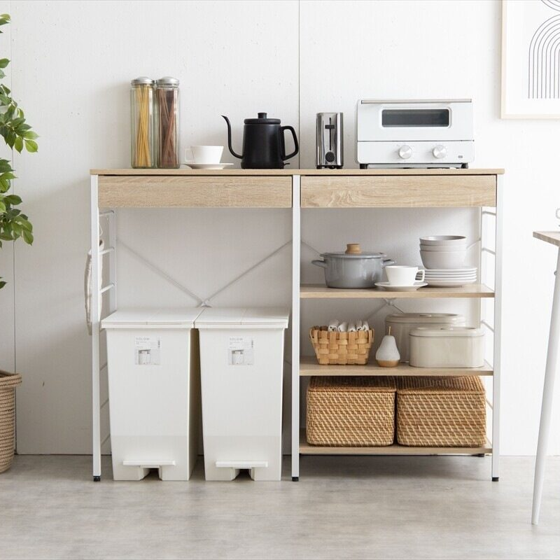 Simple and modern wooden top, steel frame, 120cm wide, trash can rack
