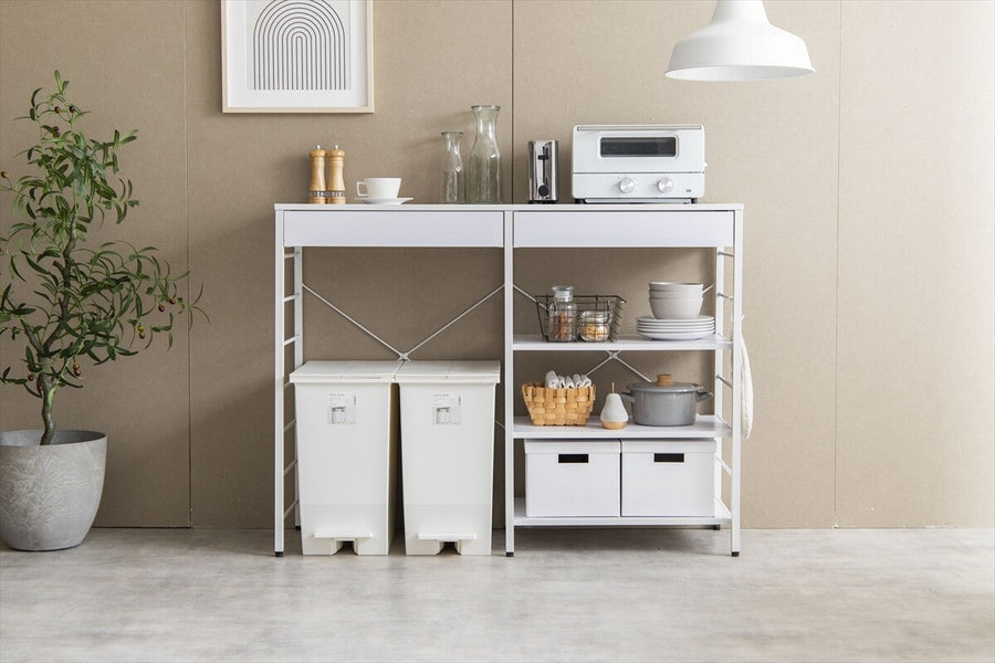 Simple and modern wooden top, steel frame, 120cm wide, trash can rack