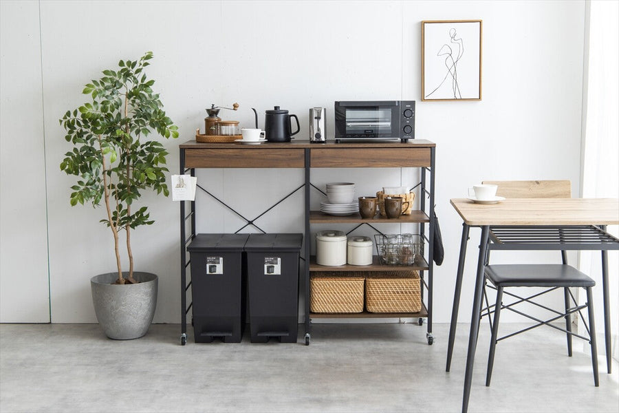 Simple and modern wooden top, steel frame, 120cm wide, trash can rack