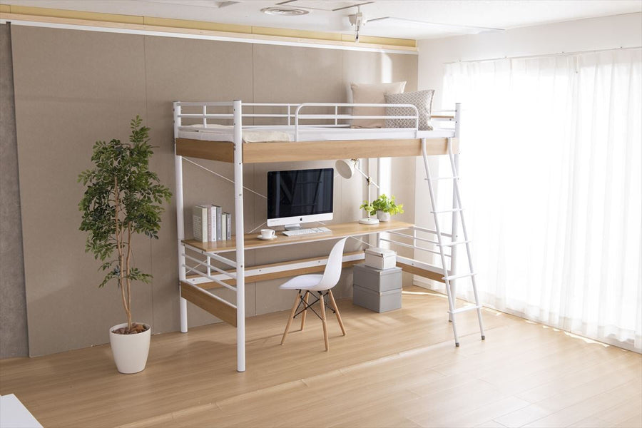 Modern steel pipe frame loft single bed with desk and headboard