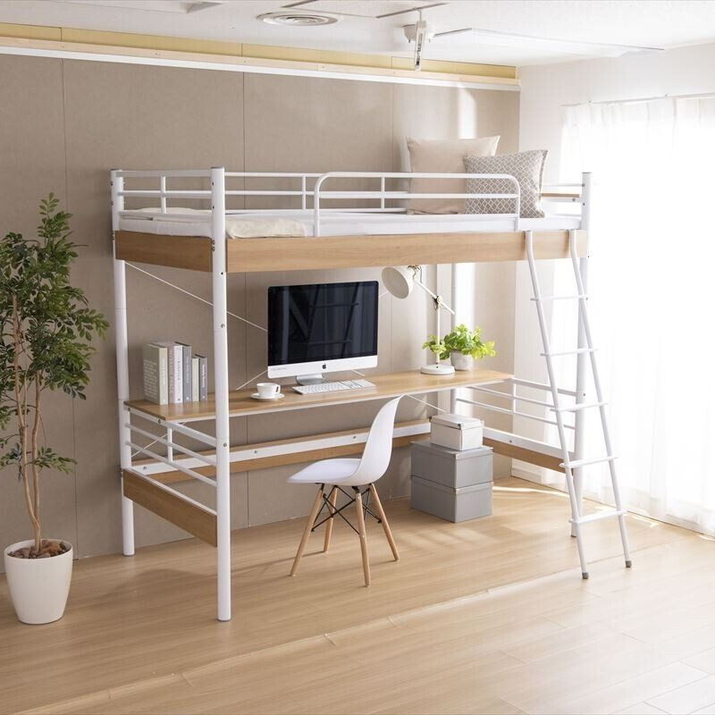 Modern steel pipe frame loft single bed with desk and headboard