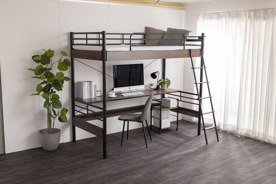 Modern steel pipe frame loft single bed with desk and headboard