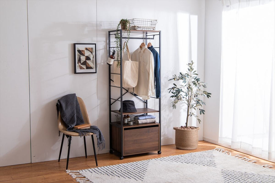 Modern wooden top steel frame clothes rack with drawers