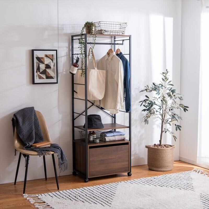 Modern wooden top steel frame clothes rack with drawers