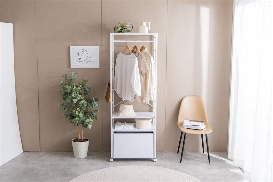 Modern wooden top steel frame clothes rack with drawers