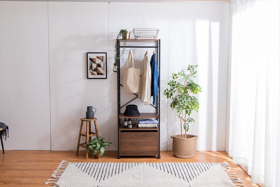 Modern wooden top steel frame clothes rack with drawers