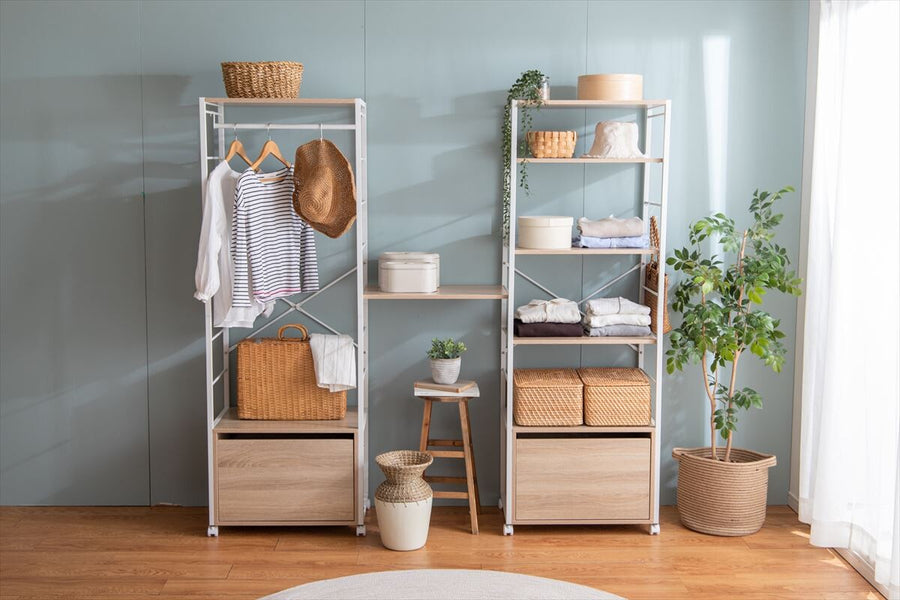 Modern wooden top steel frame clothes rack with drawers