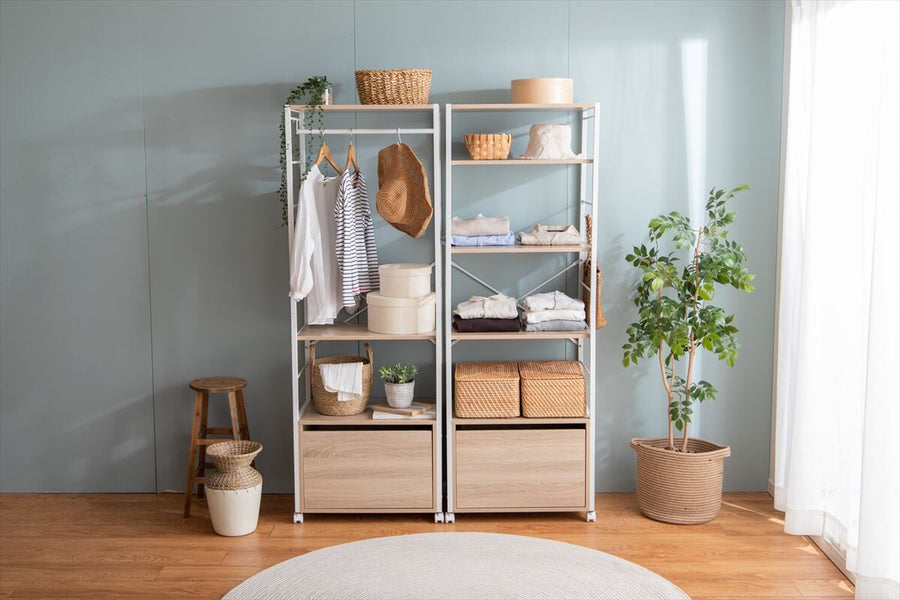 Modern wooden top steel frame clothes rack with drawers
