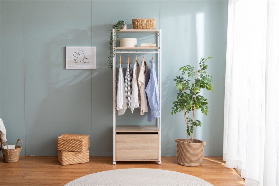 Modern wooden top steel frame clothes rack with drawers