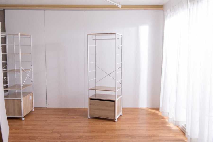 Modern wooden top steel frame clothes rack with drawers