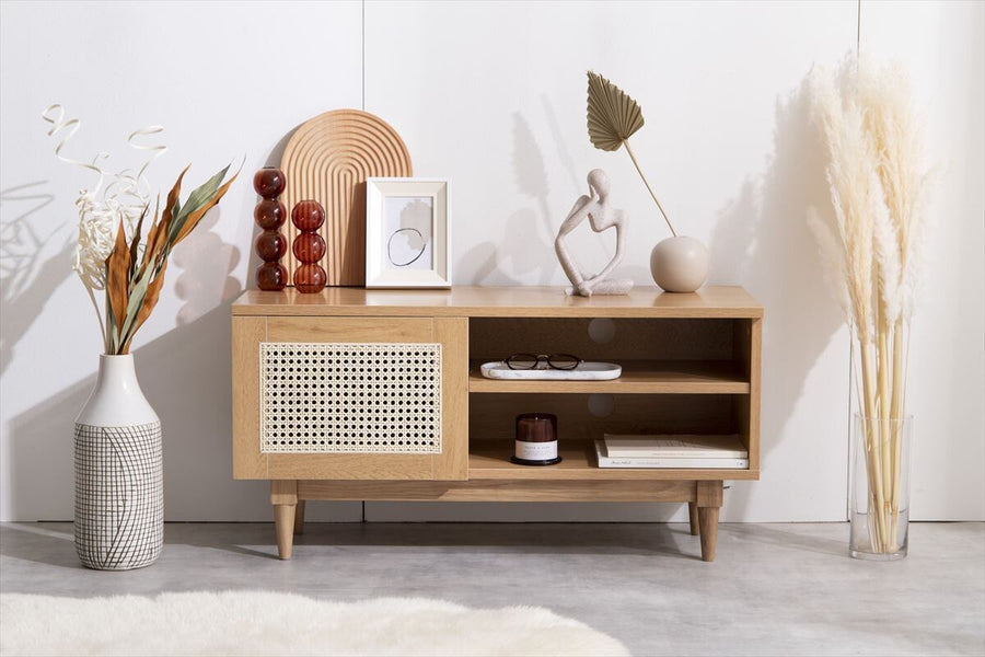 Nordic woodgrain rattan TV stand