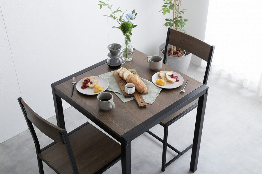 Retro modern wood grain steel dining table 3-piece set (table + 2 chairs)
