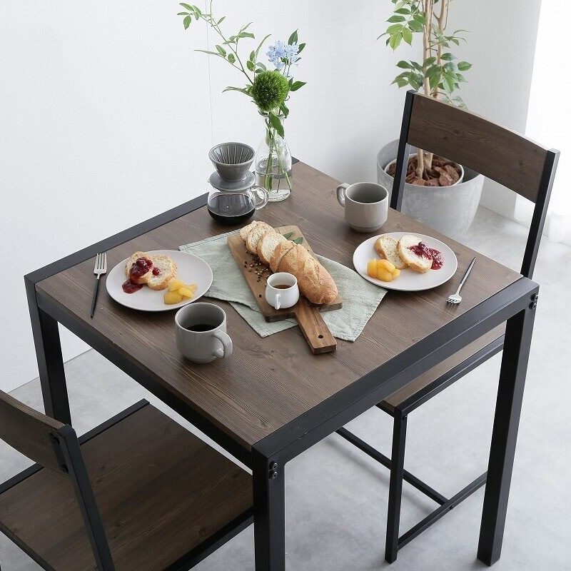 Retro modern wood grain steel dining table 3-piece set (table + 2 chairs)