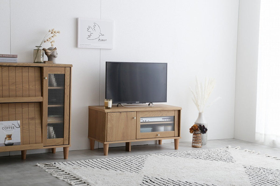 Modern wooden TV stand with glass doors