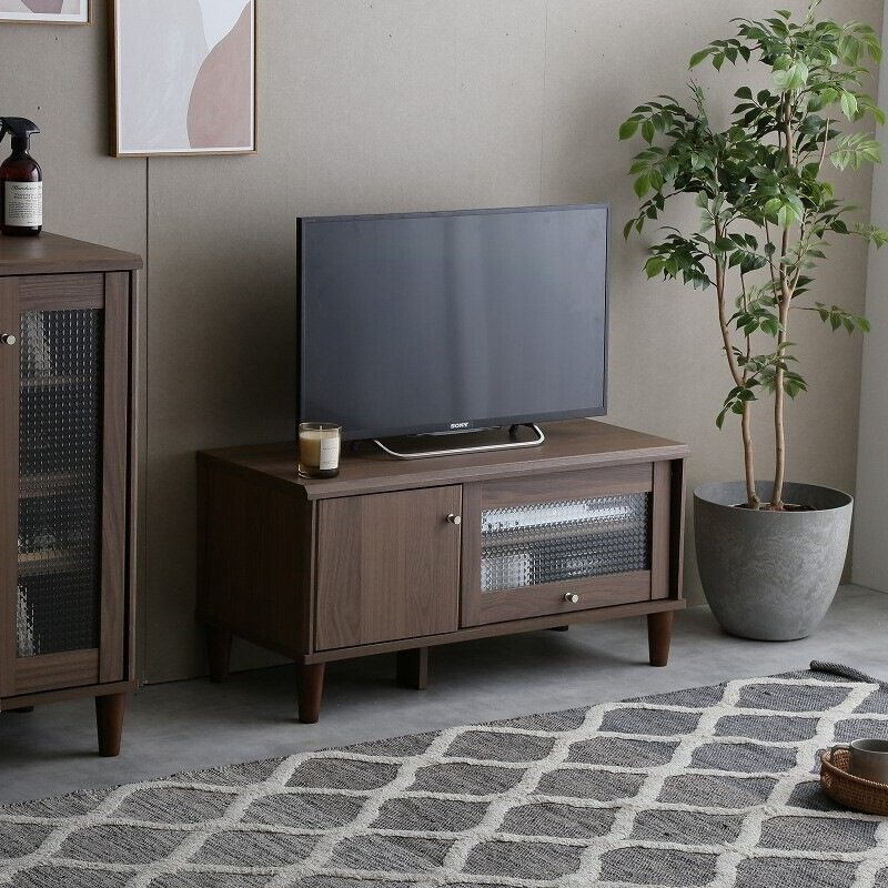Modern wooden TV stand with glass doors