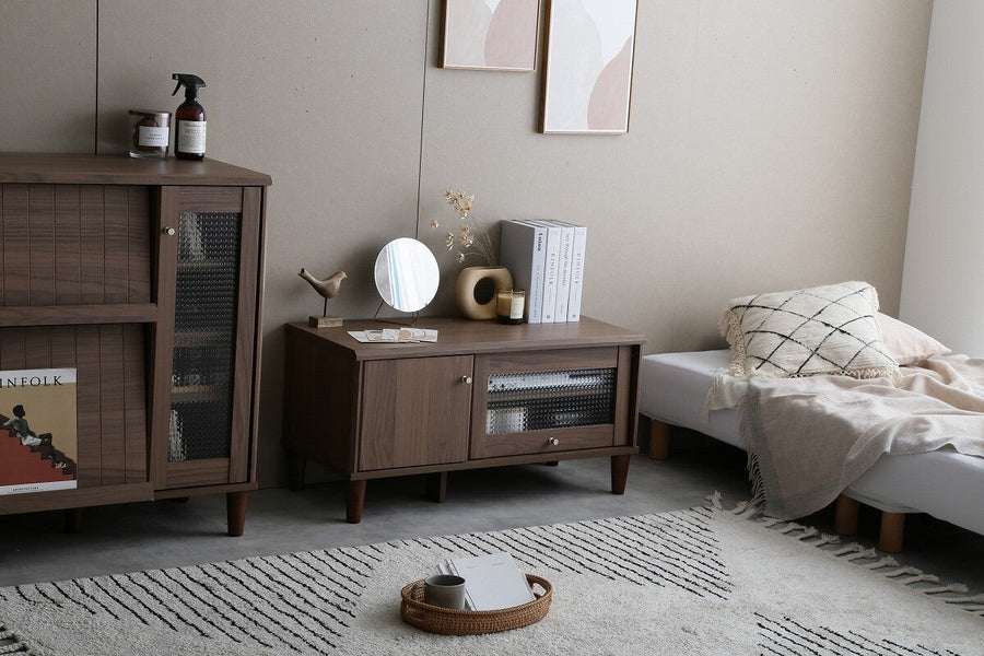 Modern wooden TV stand with glass doors