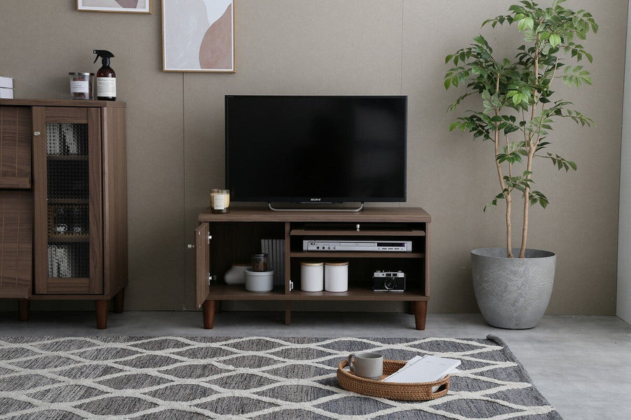 Modern wooden TV stand with glass doors